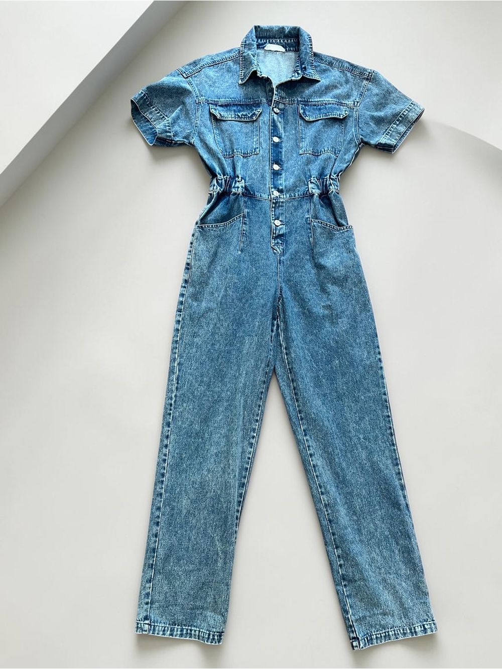 TALULAH Acid Wash Denim Short Sleeve Jumpsuit Coveralls Utility Romper Size L